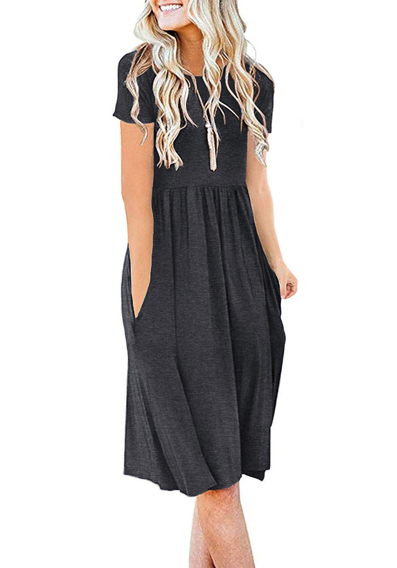 DB MOON Women Summer Casual Short Sleeve Dresses Empire Waist Dress with Pockets (Dark Grey, XL) - Image 1